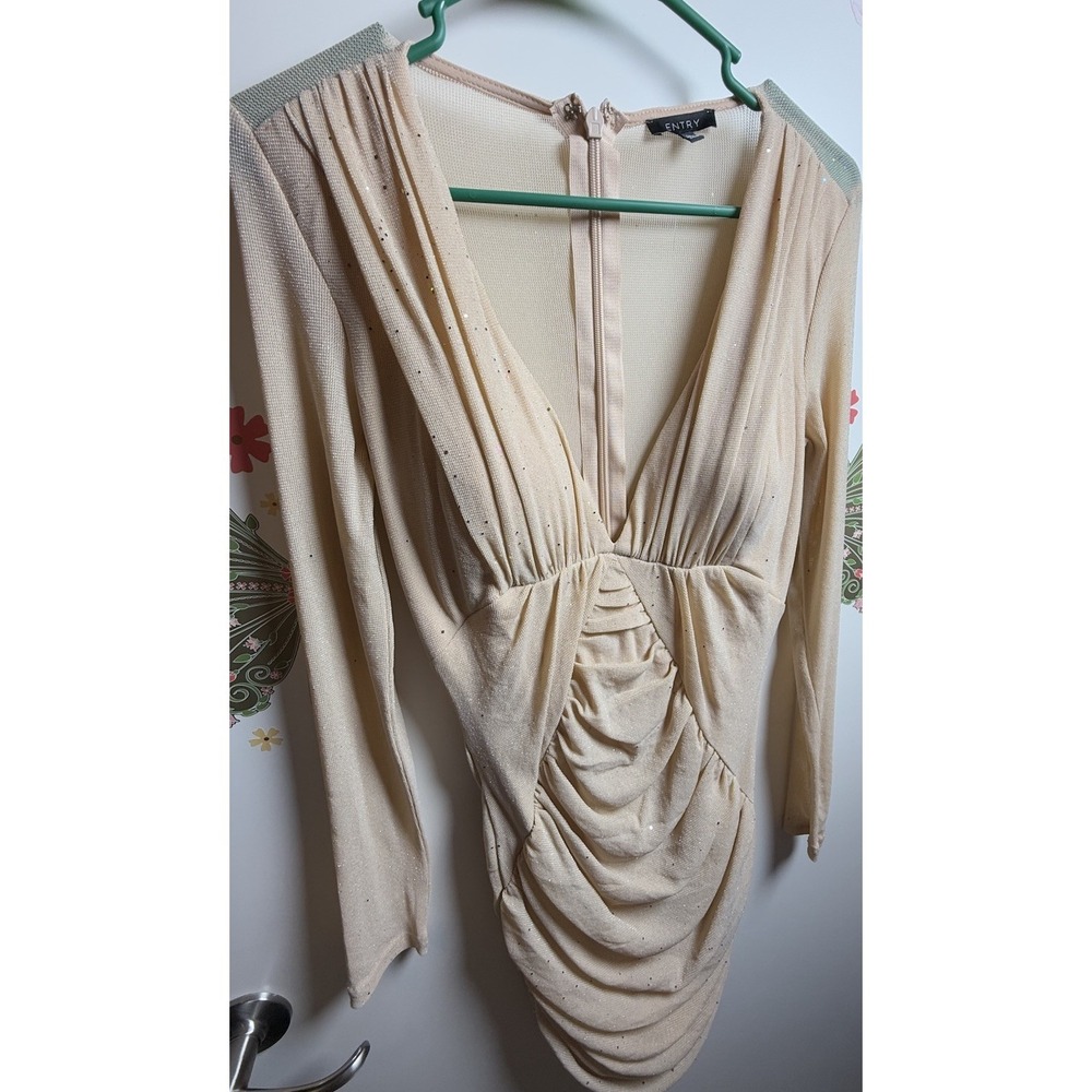 Entry Champagne‎ Ruched Bodycon Dress Large Long Sleeve Glitter Mesh